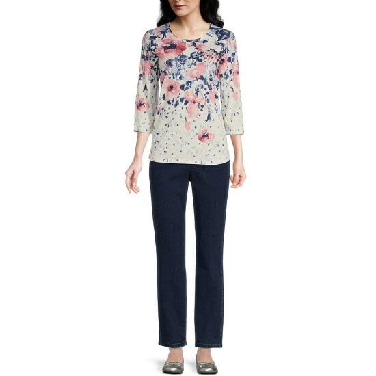 Deals ⌛ Allison Daley Petite Size Embellished Floral Print 3/4 Sleeve Crew Neck Rhinestone Embellished Knit Top Watercolor Poppy 👏 5 Deals ⌛ Allison Daley Petite Size Embellished Floral Print 3/4 Sleeve Crew Neck Rhinestone Embellished Knit Top Watercolor Poppy 👏 - Image 3