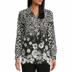 Deals ⌛ Allison Daley Petite Size Long Sleeve Point Collar Button Front Top Cheetah Floral Border 🤩