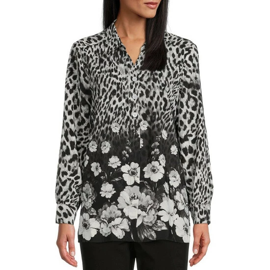 Deals β Allison Daley Petite Size Long Sleeve Point Collar Button Front Top Cheetah Floral Border π€©