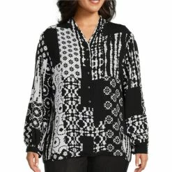 Best Sale β€οΈ Allison Daley Plus Size Long Sleeve V-Neck Button Front Top Shibori Patch π