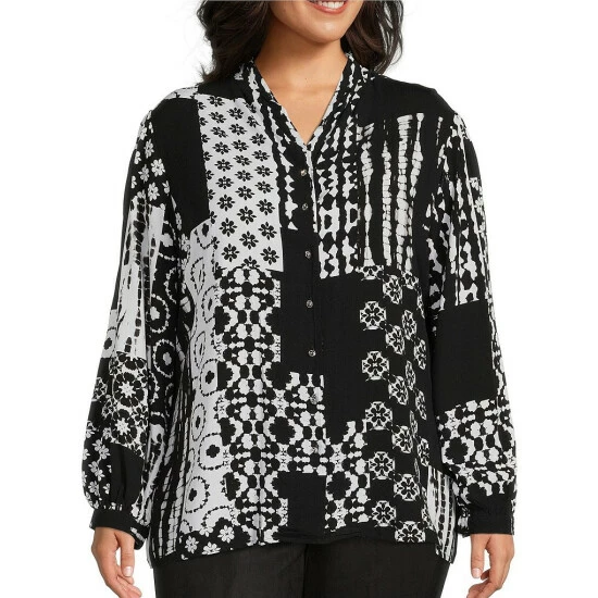 Best Sale β€οΈ Allison Daley Plus Size Long Sleeve V-Neck Button Front Top Shibori Patch π