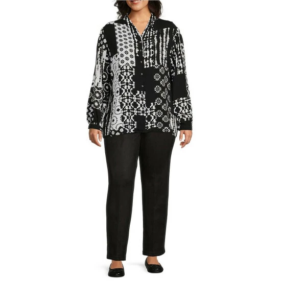 Best Sale β€οΈ Allison Daley Plus Size Long Sleeve V-Neck Button Front Top Shibori Patch π - Image 3