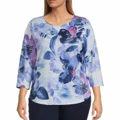Top 10 β¨ Allison Daley Plus Size Floral Print 3/4 Sleeve Round Neck Knit Top Bloomfield Placement π―