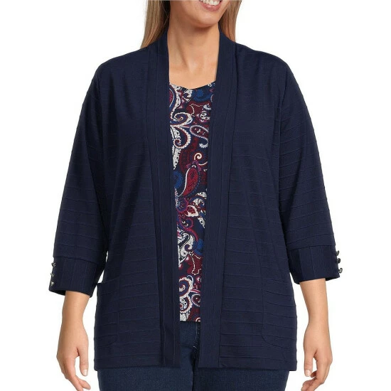 Coupon π₯ Allison Daley Plus Size 3/4 Sleeve Open Front Patch Pocket Cardigan True Navy 𧨠- Image 4