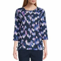 Coupon ⌛ Allison Daley Brushstroke Print 3/4 Sleeve Jewel Neck Ruched Side Tie Knit Top Soft Brushstrokes 😀