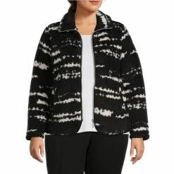 Deals 💯 Allison Daley Plus Size Textured Stripe Print Sherpa Fleece Long Sleeve Zip Front Jacket Black/white 😉