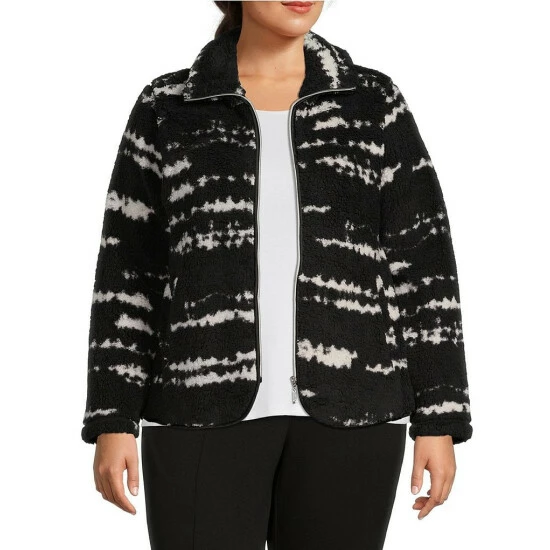 Deals π― Allison Daley Plus Size Textured Stripe Print Sherpa Fleece Long Sleeve Zip Front Jacket Black/white π