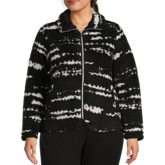 Deals π― Allison Daley Plus Size Textured Stripe Print Sherpa Fleece Long Sleeve Zip Front Jacket Black/white π - Image 3