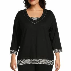 Cheap ✔️ Allison Daley Plus Size Embellished Cheetah Print V-Neck 3/4 Sleeve Knit Top Black/cheetah Print 🔥