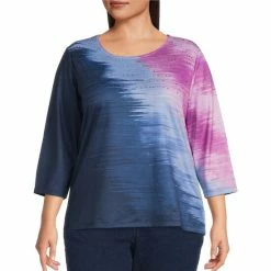 Cheap ⭐ Allison Daley Plus Size Embellished Brushstroke Print 3/4 Sleeve Round Neck Knit Top Brushstroke Ombre ✨