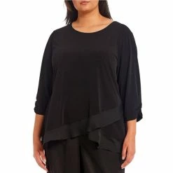 Cheapest 🎁 Allison Daley Plus Size 3/4 Ruched Sleeve Cross Over Ruffle Hem Round Neck Top Black ✨