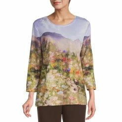 Best deal 🤩 Allison Daley Floral Print Embellished 3/4 Sleeve Jewel Neck Knit Top Spring Mountain Floral ✔️