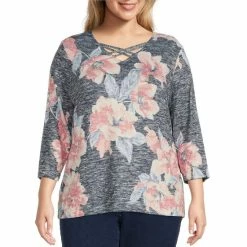 Flash Sale 🥰 Allison Daley Plus Size Floral Print 3/4 Sleeve Crisscross V-Neck Knit Top Blush Floral 🧨