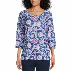 Cheapest π Allison Daley Petite Size Tie Dye Floral Print 3/4 Sleeve Keyhole Neck Ribbed Knit Top Blended Bloom π