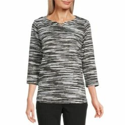 Coupon 😀 Allison Daley Petite Size Multi Print 3/4 Sleeve Jewel Neck Knit Top Black/multi 🎁