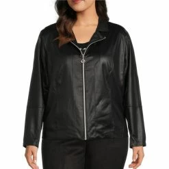 Buy ❤️ Allison Daley Plus Size Notch Lapel Zip Front Faux Suede Jacket Black 🤩