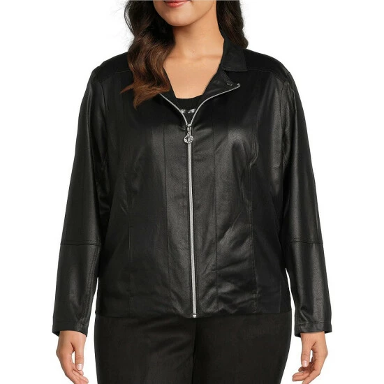 Buy ❤️ Allison Daley Plus Size Notch Lapel Zip Front Faux Suede Jacket Black 🤩