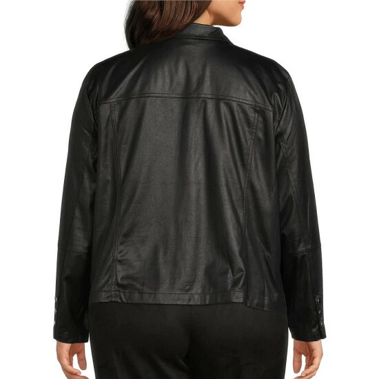 Buy ❤️ Allison Daley Plus Size Notch Lapel Zip Front Faux Suede Jacket Black 🤩 - Image 2