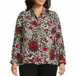 Cheapest π Allison Daley Plus Size Cheetah Floral Print Ruffle Sleeve Split Round Neck Button Front Top β