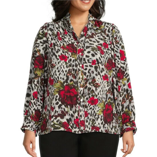 Cheapest π Allison Daley Plus Size Cheetah Floral Print Ruffle Sleeve Split Round Neck Button Front Top β