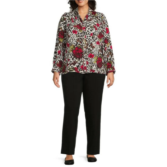 Cheapest π Allison Daley Plus Size Cheetah Floral Print Ruffle Sleeve Split Round Neck Button Front Top β - Image 3