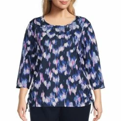 Flash Sale β€οΈ Allison Daley Plus Size Brushstroke Print 3/4 Sleeve Crew Neck Ruched Side Tie Knit Top Soft Brushstrokes π