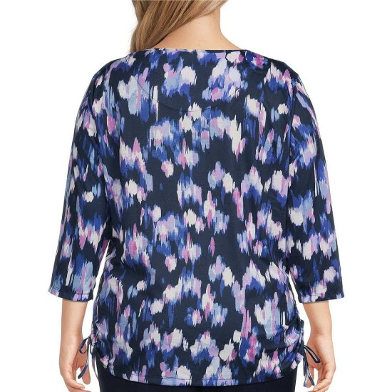 Flash Sale β€οΈ Allison Daley Plus Size Brushstroke Print 3/4 Sleeve Crew Neck Ruched Side Tie Knit Top Soft Brushstrokes π - Image 2