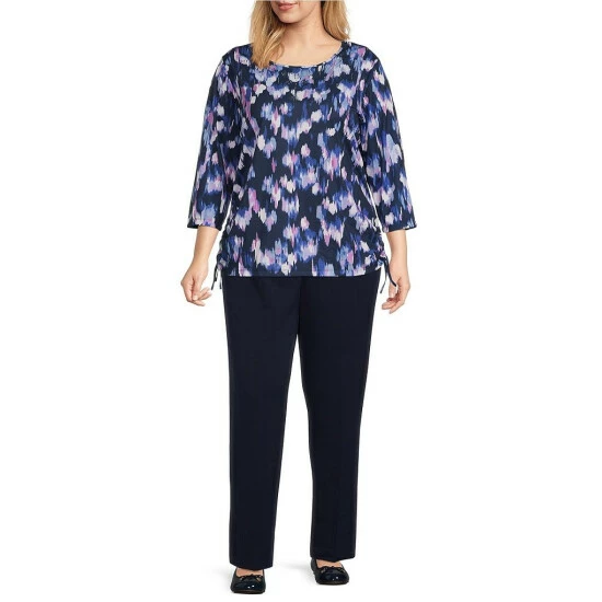Flash Sale β€οΈ Allison Daley Plus Size Brushstroke Print 3/4 Sleeve Crew Neck Ruched Side Tie Knit Top Soft Brushstrokes π - Image 3