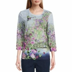 Promo 💯 Allison Daley Rose Placement Print Embellished 3/4 Sleeve Jewel Neck Knit Top Rose Reflect ❤️