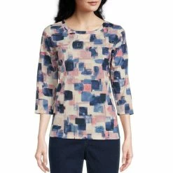 Promo 💯 Allison Daley Petite Size Blush Mosaic Print 3/4 Sleeve Keyhole Neck Rhinestone Embellished Knit Top 🥰