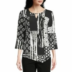 Deals ⌛ Allison Daley Shibori Patchwork Print 3/4 Sleeve Keyhole Neck Asymmetric Hem Knit Top 🥰