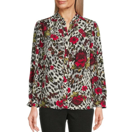 Outlet ๐ Allison Daley Petite Size Cheetah Floral Print Long Ruffle Sleeve Split V-Neck Button Front Top ๐ 3 Outlet ๐ Allison Daley Petite Size Cheetah Floral Print Long Ruffle Sleeve Split V-Neck Button Front Top ๐
