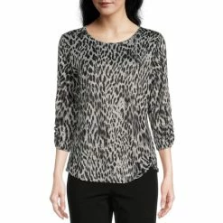 Discount π Allison Daley Cheetah Print 3/4 Sleeve Round Neck Knot Hem Knit Top π