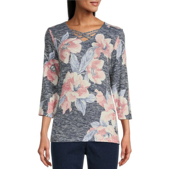 Promo π₯ Allison Daley Petite Size Floral Print 3/4 Sleeve Crisscross V-Neck Knit Top Blush Floral β
