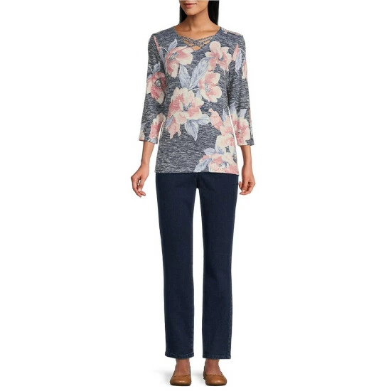 Promo π₯ Allison Daley Petite Size Floral Print 3/4 Sleeve Crisscross V-Neck Knit Top Blush Floral β - Image 3