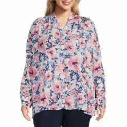 Flash Sale π― Allison Daley Plus Size Floral Print Long Sleeve Y-Neck Button Front Top Watercolor Poppy π₯