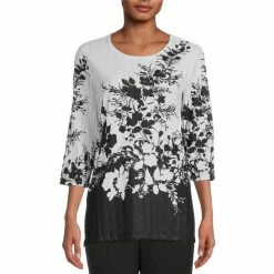Best Pirce 🧨 Allison Daley Embellished Floral Print 3/4 Sleeve Round Neck Ribbed Knit Top Secret Floral 💯