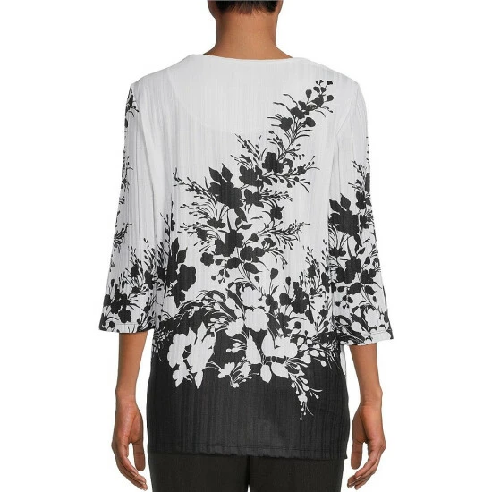 Best Pirce 𧨠Allison Daley Embellished Floral Print 3/4 Sleeve Round Neck Ribbed Knit Top Secret Floral π― - Image 2