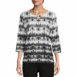 Best reviews of 🥰 Allison Daley Petite Size Boho Shibori Print 3/4 Sleeve Keyhole Neck Knit Top 😀
