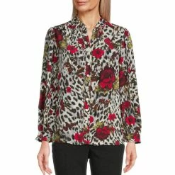 Best Pirce 🔥 Allison Daley Cheetah Floral Print Ruffle Sleeve Split V-Neck Button Front Top ✔️