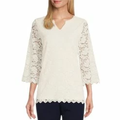 Best reviews of 🥰 Allison Daley 3/4 Sleeve Split V-Neck Knit Lace Top True Navy 🛒