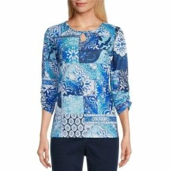 Best deal 🛒 Allison Daley Patchwork Print 3/4 Ruched Sleeve Keyhole Neck Knit Top Tuscan Patchwork ❤️