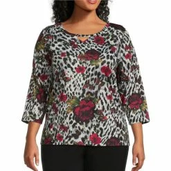 Deals π₯ Allison Daley Plus Size Cheetah Floral Print 3/4 Sleeve Round Keyhole Neck Knit Top β