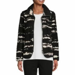 Best Sale β Allison Daley Textured Stripe Print Sherpa Fleece Long Sleeve Zip Front Jacket Black/white π₯°