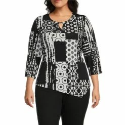 Outlet ⌛ Allison Daley Plus Size Shibori Patchwork Print 3/4 Sleeve Keyhole Neck Asymmetric Hem Knit Top ✔️