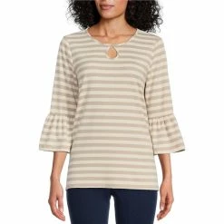 Best deal ✔️ Allison Daley Striped Print 3/4 Bell Sleeve Keyhole Neck Knit Top Light Khaki Combo ⌛