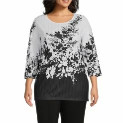 Outlet 🔔 Allison Daley Plus Size Floral Print Embellished 3/4 Sleeve Round Neck Rib Knit Top Secret Floral 💯