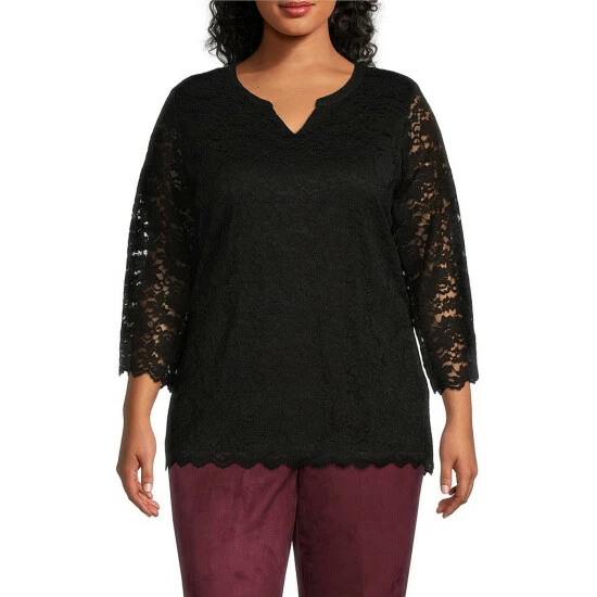 Discount β€οΈ Allison Daley Plus Size 3/4 Sleeve Split V-Neck Scalloped Hem Knit Lace Top True Navy π