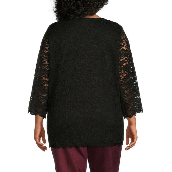 Discount β€οΈ Allison Daley Plus Size 3/4 Sleeve Split V-Neck Scalloped Hem Knit Lace Top True Navy π - Image 2