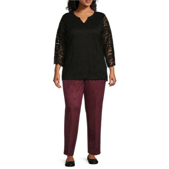 Discount β€οΈ Allison Daley Plus Size 3/4 Sleeve Split V-Neck Scalloped Hem Knit Lace Top True Navy π - Image 3